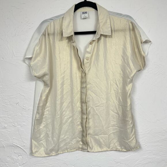 Vero Moda Gold Sparkle Short Sleeve Button Down Shirt Womens M Boxy Fit Slouchy - Picture 1 of 10